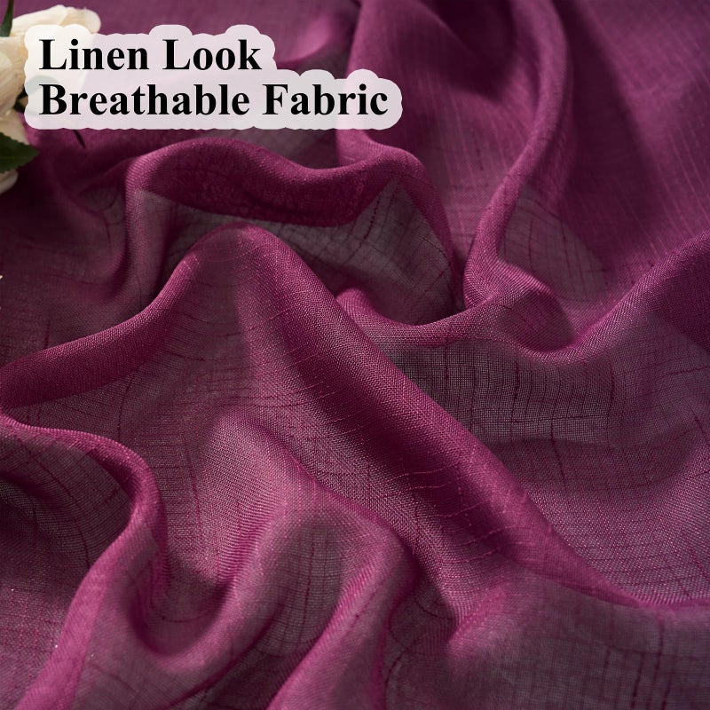 Ftinala Plum Purple Curtains Sheer 96 Inches Long, Dark Linen Look Textured Light Filtering Curtains & Drapes, Rustic Eggplant Transparent Window Treatments, Pinch Pleat Ceiling Curtain with Hook - Image 4