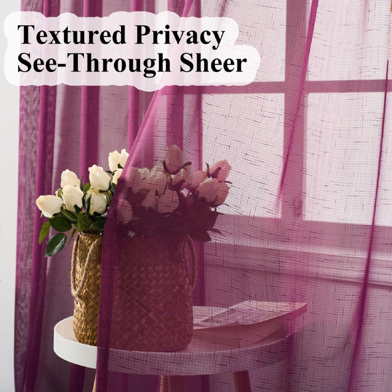 Ftinala Plum Purple Curtains Sheer 96 Inches Long, Dark Linen Look Textured Light Filtering Curtains & Drapes, Rustic Eggplant Transparent Window Treatments, Pinch Pleat Ceiling Curtain with Hook - Image 3