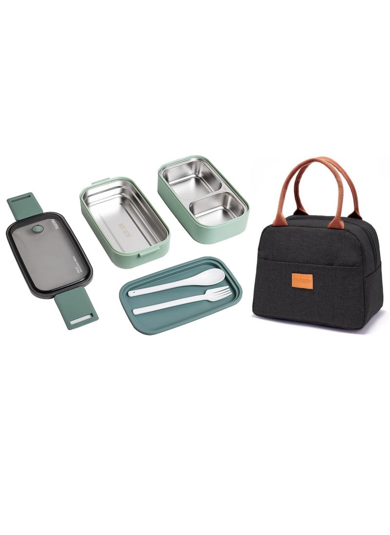 MahMir - Stainless Steel Lunch Box - Insulated Bento Box Multifunctional-Containers Lunch Box with 2 Compartments & Tableware(304 stainless steel) lunch box with Lunch MahMir Lunch bag (Green + Lunch Bag) - Image 1