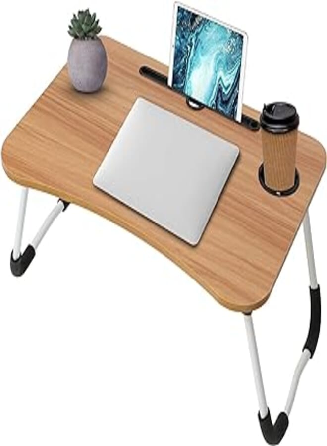Generic Laptop desk, inaya portable laptop bed tray table notebook stand reading holder with foldable legs & cup slot for eating breakfast, reading book, watching movie on bed/couch/sofa (wooden brown) 