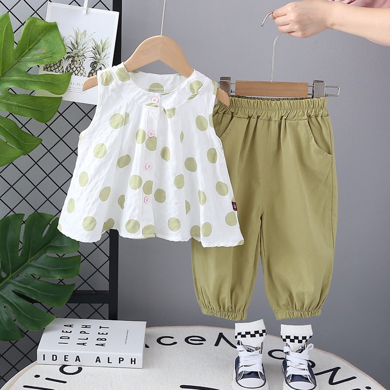 Childrens Summer polka dot sleeveless vest skirt shirt suit 2025 new girls summer western style two-piece childrens clothing Green