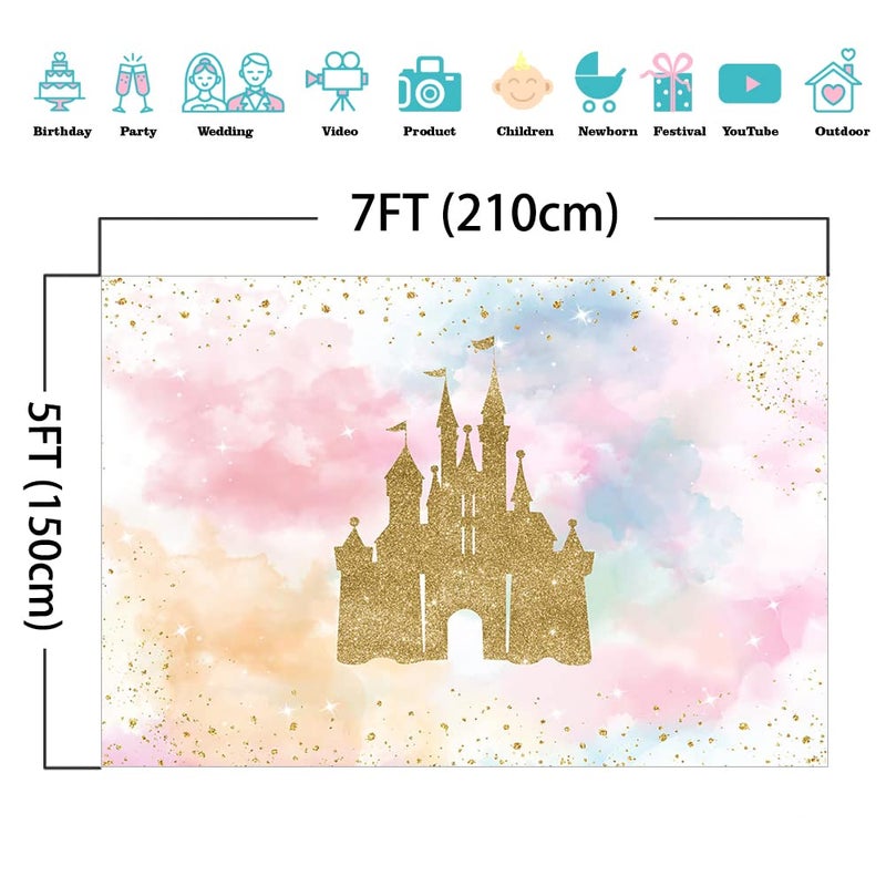 Mocsicka Princess Castle Birthday Backdrop Watercolor Pastel Rainbow Birthday Background Gold Glitter Royal Party Cake Table Decoration Photo Booth Props (7x5ft) - Image 3