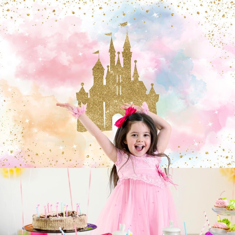 Mocsicka Princess Castle Birthday Backdrop Watercolor Pastel Rainbow Birthday Background Gold Glitter Royal Party Cake Table Decoration Photo Booth Props (7x5ft) - Image 4
