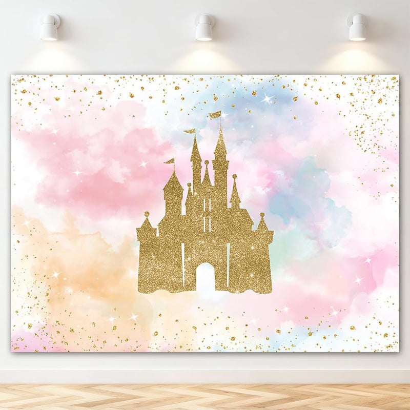 Mocsicka Princess Castle Birthday Backdrop Watercolor Pastel Rainbow Birthday Background Gold Glitter Royal Party Cake Table Decoration Photo Booth Props (7x5ft) - Image 1
