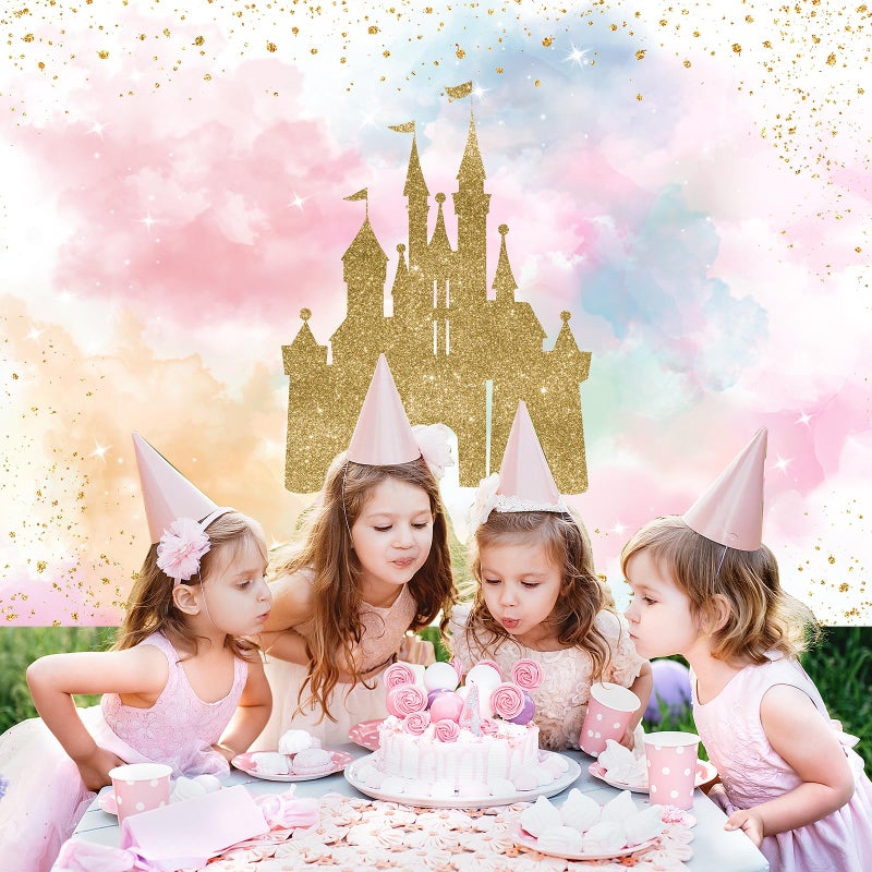 Mocsicka Princess Castle Birthday Backdrop Watercolor Pastel Rainbow Birthday Background Gold Glitter Royal Party Cake Table Decoration Photo Booth Props (7x5ft) - Image 5
