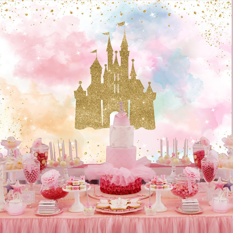 Mocsicka Princess Castle Birthday Backdrop Watercolor Pastel Rainbow Birthday Background Gold Glitter Royal Party Cake Table Decoration Photo Booth Props (7x5ft) - Image 2