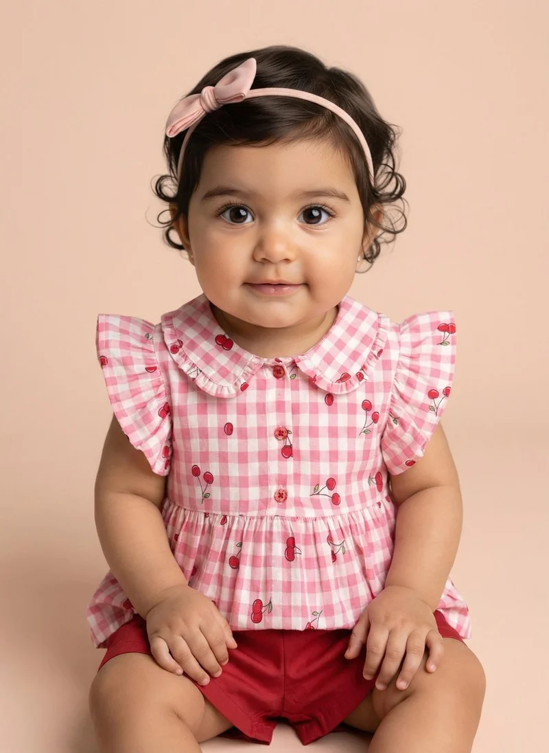 نوتيناتي Nautinati Baby Girls Red and Pink Gingham Cherry Print Regular Fit Cotton Peplum Top and Shorts Clothing Set