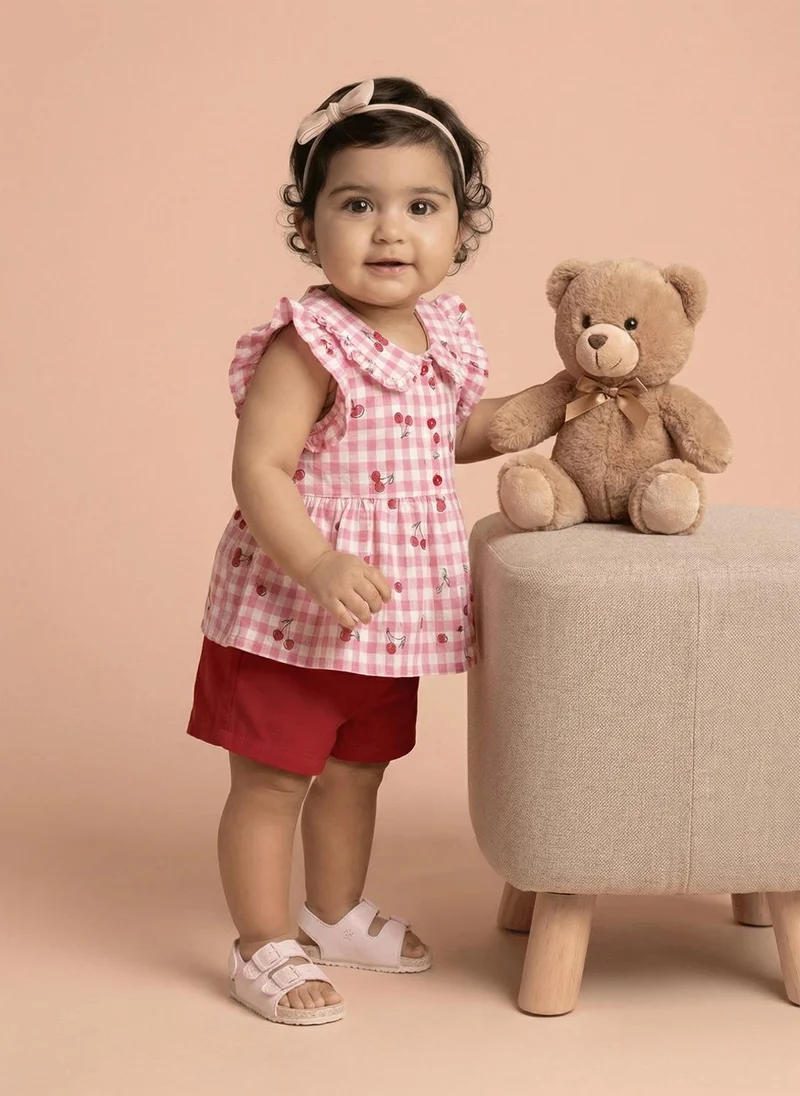نوتيناتي Nautinati Baby Girls Red and Pink Gingham Cherry Print Regular Fit Cotton Peplum Top and Shorts Clothing Set