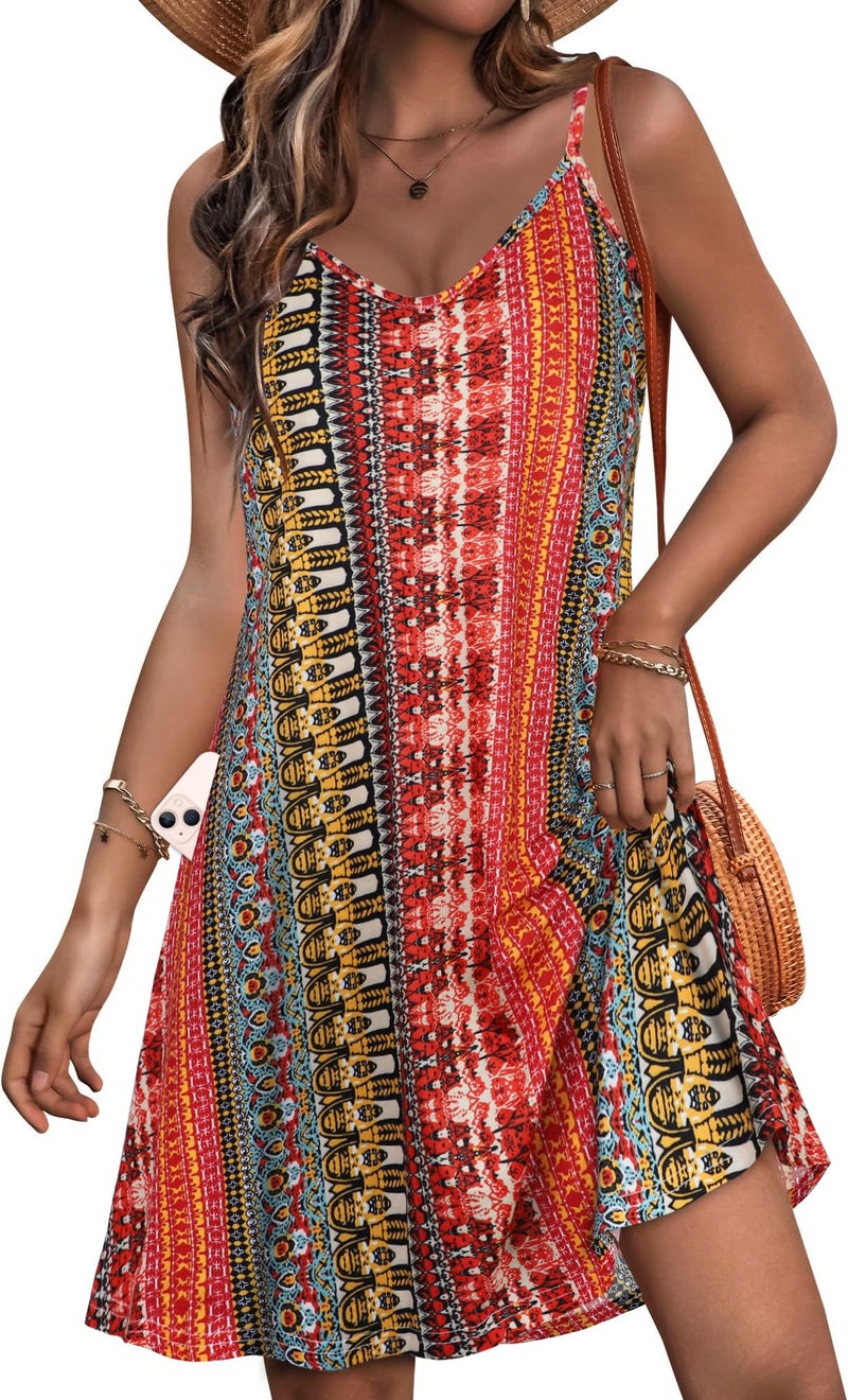 JOELLYUS Women Sundresses Summer Dresses Spaghetti Strap Dress Beach Cover Ups Backless Sundress (Orange Stripes Boho, L) - Image 1