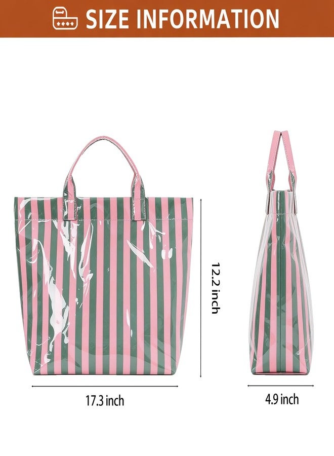 Valentoria Tote Bag for Women Large Striped PVC Tote Bag Plastic Handbag Tote Bag for Work Travel (Pink Green) - Image 4