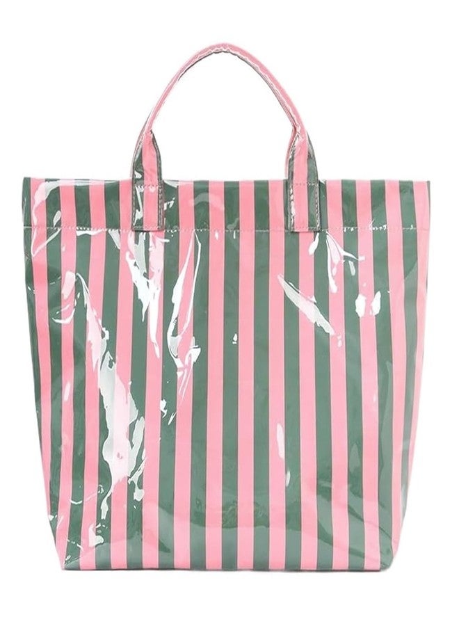 Valentoria Tote Bag for Women Large Striped PVC Tote Bag Plastic Handbag Tote Bag for Work Travel (Pink Green) - Image 1