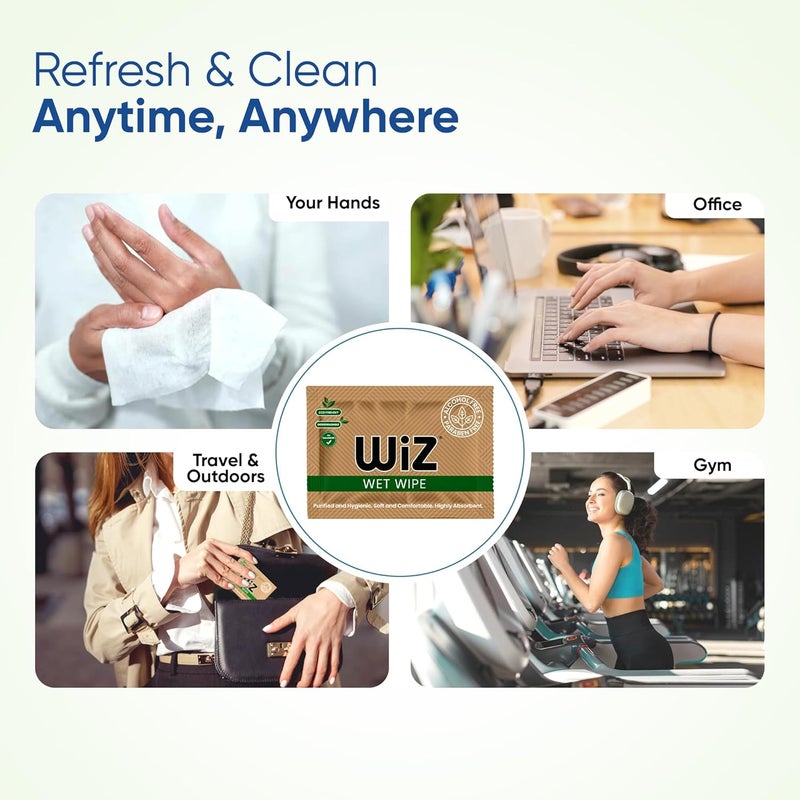Wiz مناديل مبللة منعشة فردية (عبوة من 200) | مطهرة وصحية | ناعمة ومريحة وعالية الامتصاص | خالية من الكحول، خالية من البارابين، صديقة للبيئة، قابلة للتحلل الحيوي، متوازنة الحموضة - Image 5