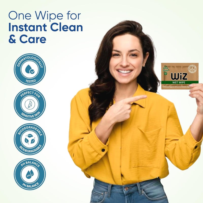 Wiz مناديل مبللة منعشة فردية (عبوة من 200) | مطهرة وصحية | ناعمة ومريحة وعالية الامتصاص | خالية من الكحول، خالية من البارابين، صديقة للبيئة، قابلة للتحلل الحيوي، متوازنة الحموضة - Image 4