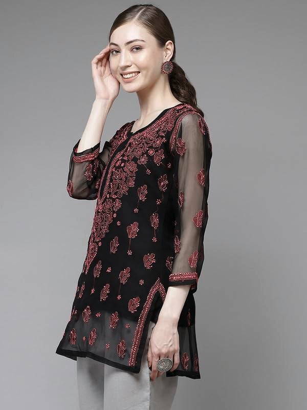 Ada Women Faux Georgette Regular Hand Embroidered Lucknowi Chikankari Top Short Kurti Tunic with Slip A911134 Black (2XL) - Image 4
