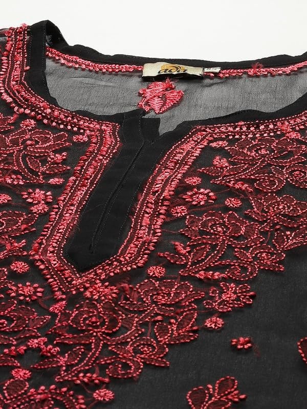 Ada Women Faux Georgette Regular Hand Embroidered Lucknowi Chikankari Top Short Kurti Tunic with Slip A911134 Black (2XL) - Image 5
