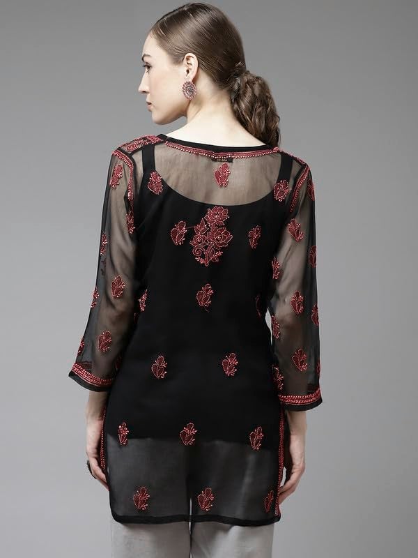 Ada Women Faux Georgette Regular Hand Embroidered Lucknowi Chikankari Top Short Kurti Tunic with Slip A911134 Black (2XL) - Image 2