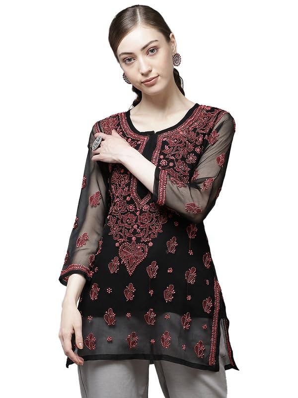 Ada Women Faux Georgette Regular Hand Embroidered Lucknowi Chikankari Top Short Kurti Tunic with Slip A911134 Black (2XL) - Image 1