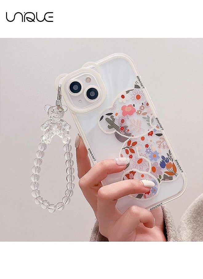 Unique - Compatible with iPhone 14 Case - Cute Flowers Bear Camera Protector Clear Case Cover with Lovely Strap Bracelet Chain Girls Women Case for iPhone 14 - Image 1