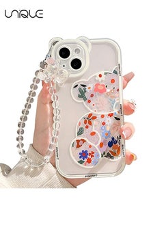 Compatible with iPhone 14 Case - Cute Flowers Bear Camera Protector Clear Case Cover with Lovely Strap Bracelet Chain Girls Women Case for iPhone 14
