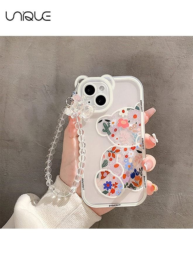 Unique - Compatible with iPhone 14 Case - Cute Flowers Bear Camera Protector Clear Case Cover with Lovely Strap Bracelet Chain Girls Women Case for iPhone 14 - Image 1