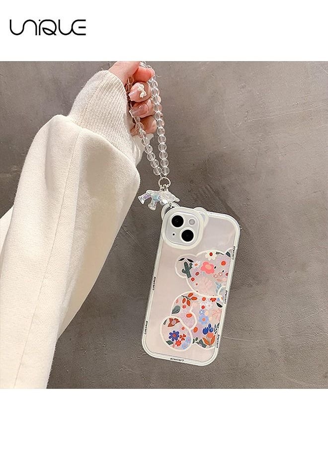 Unique - Compatible with iPhone 14 Case - Cute Flowers Bear Camera Protector Clear Case Cover with Lovely Strap Bracelet Chain Girls Women Case for iPhone 14 - Image 1