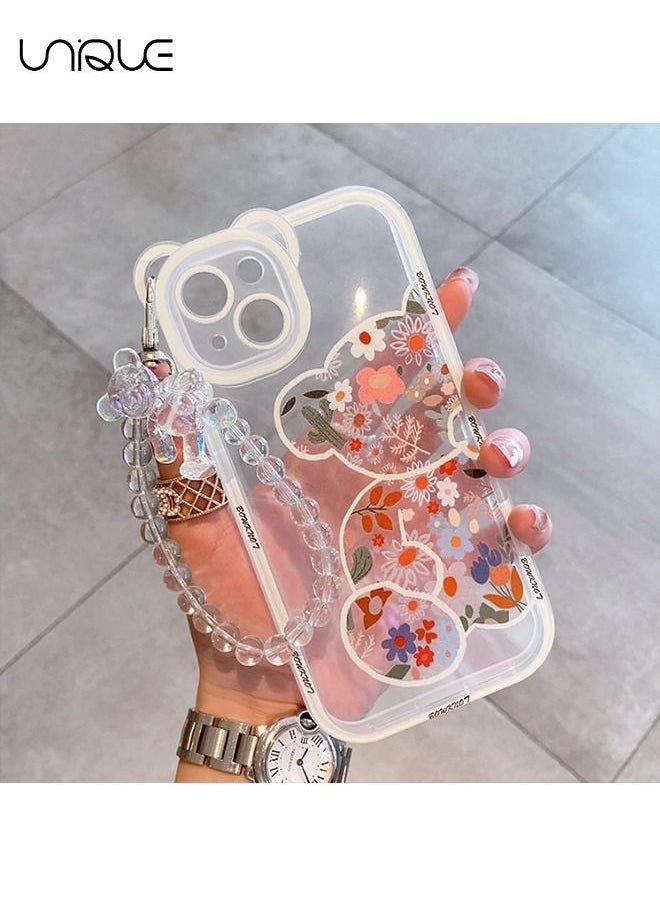 Unique - Compatible with iPhone 14 Case - Cute Flowers Bear Camera Protector Clear Case Cover with Lovely Strap Bracelet Chain Girls Women Case for iPhone 14 - Image 1