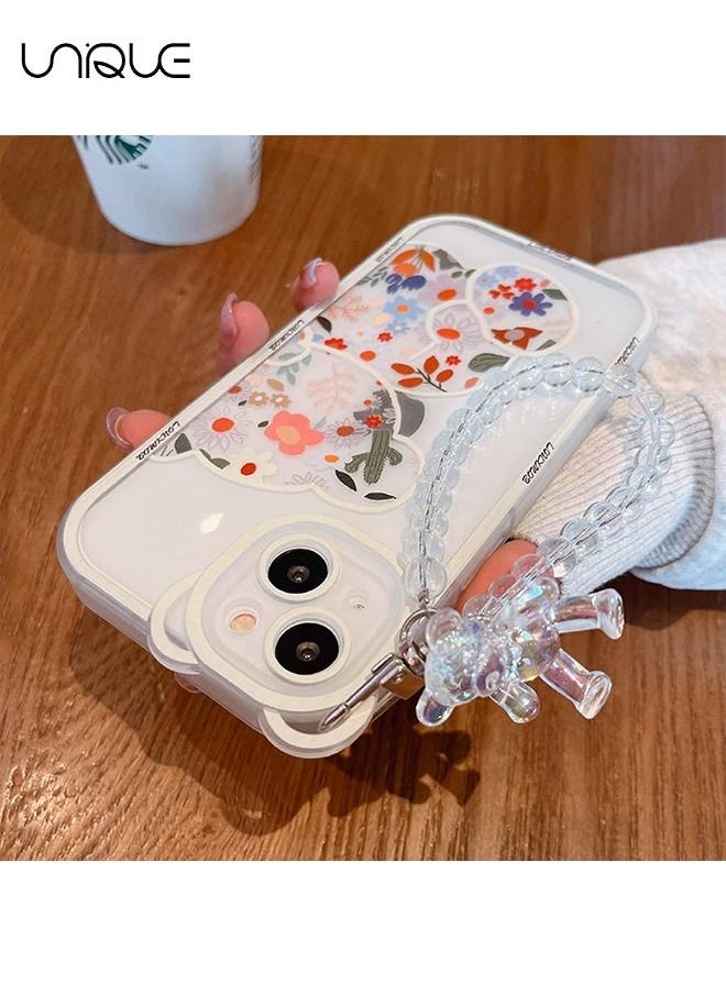 Unique - Compatible with iPhone 14 Case - Cute Flowers Bear Camera Protector Clear Case Cover with Lovely Strap Bracelet Chain Girls Women Case for iPhone 14 - Image 1