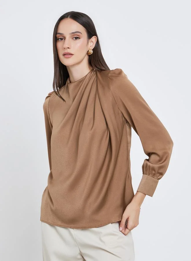 Styli Styli Satin Puff Sleeve Pleated Detail Blouse