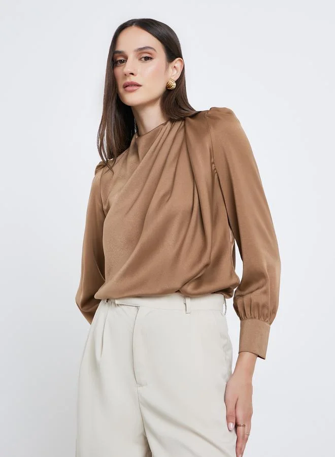 Styli Styli Satin Puff Sleeve Pleated Detail Blouse