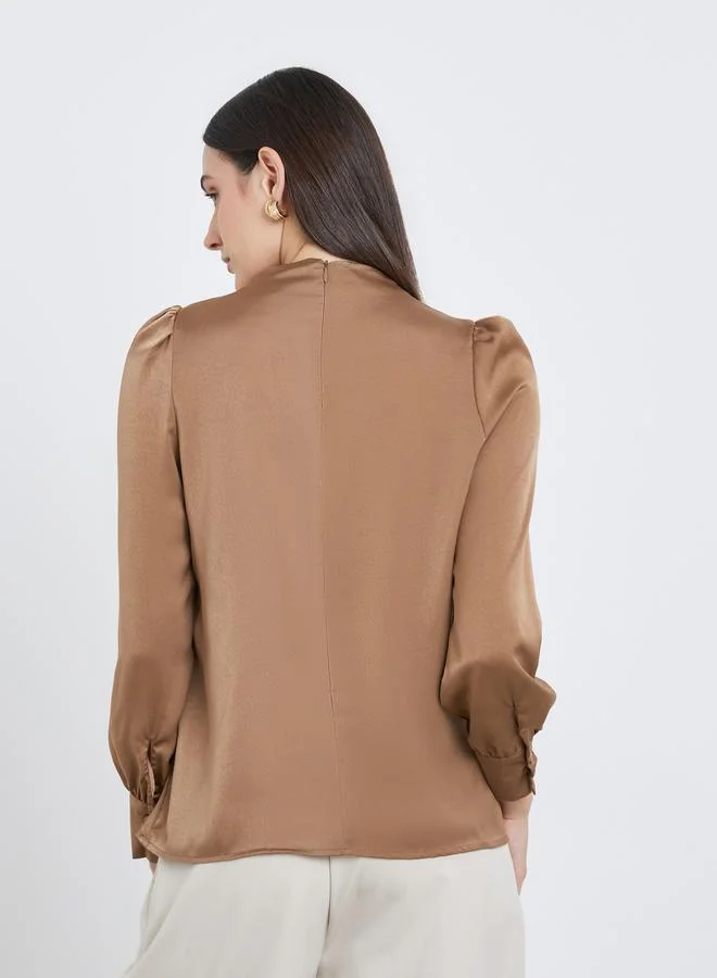 Styli Styli Satin Puff Sleeve Pleated Detail Blouse