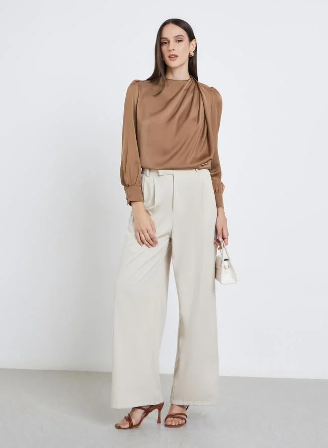 Styli Satin Puff Sleeve Pleated Detail Blouse