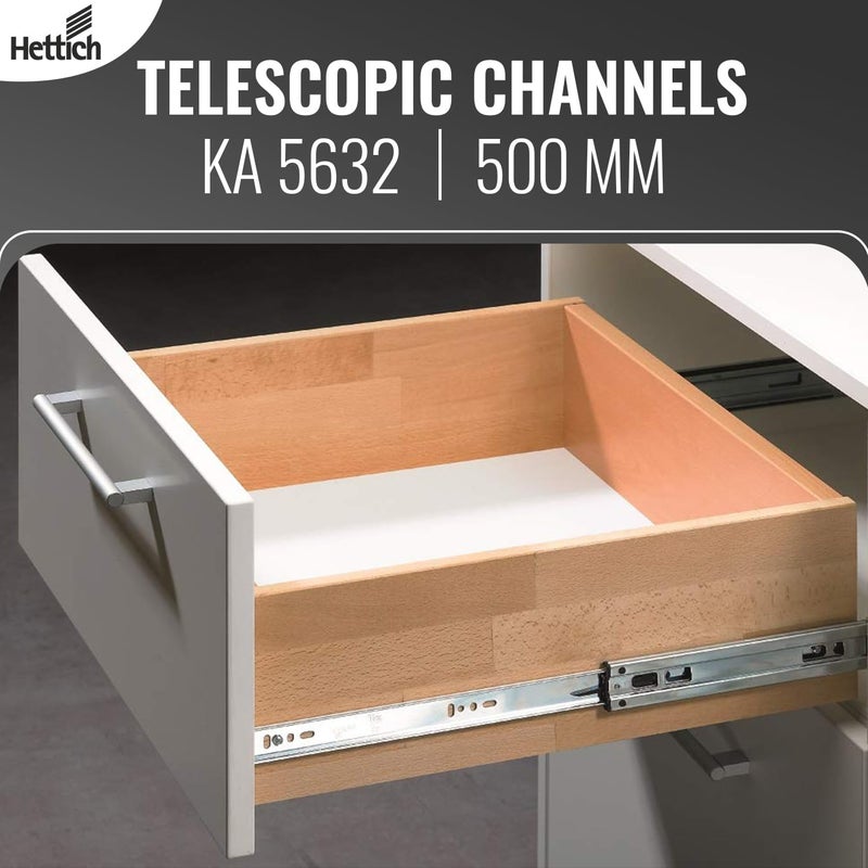 Hettich قناة كروية تلسكوبية KA 5632/500 مم | قناة درج بتشطيب زنك للاستخدام المنزلي والمطبخ وخزانة الملابس | سعة تحميل 45 كجم | تمديد 100%، فولاذ مجلفن (2 قطعة) - Image 4