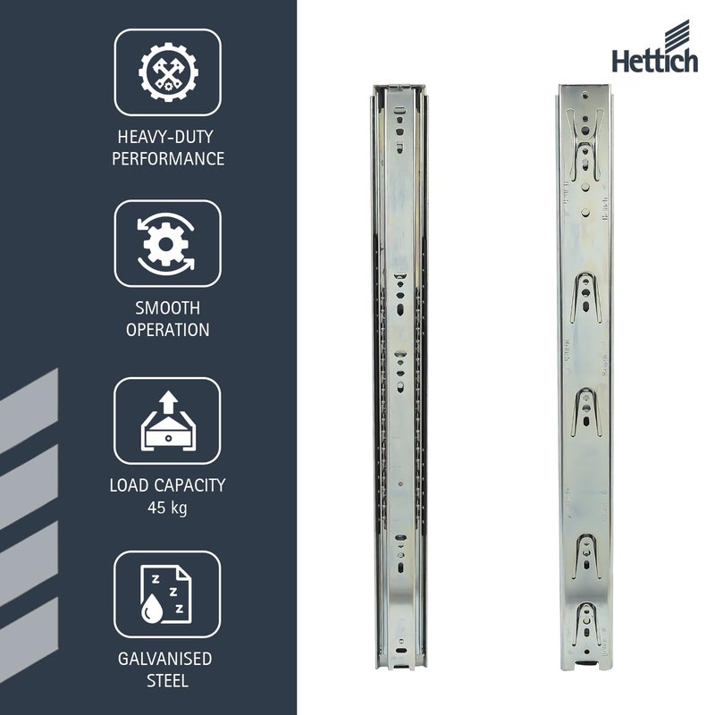 Hettich قناة كروية تلسكوبية KA 5632/500 مم | قناة درج بتشطيب زنك للاستخدام المنزلي والمطبخ وخزانة الملابس | سعة تحميل 45 كجم | تمديد 100%، فولاذ مجلفن (2 قطعة) - Image 5