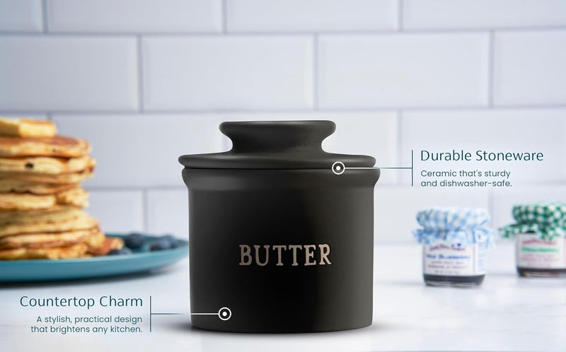 Kook Butter Crock with Lid, Soft Spreadable Butter, Ceramic French Butter Keeper to Leave On Counter with Water Line, Butter Dish, Home and Kitchen Decor, Perfect for Christmas Gift (Black) - Image 4