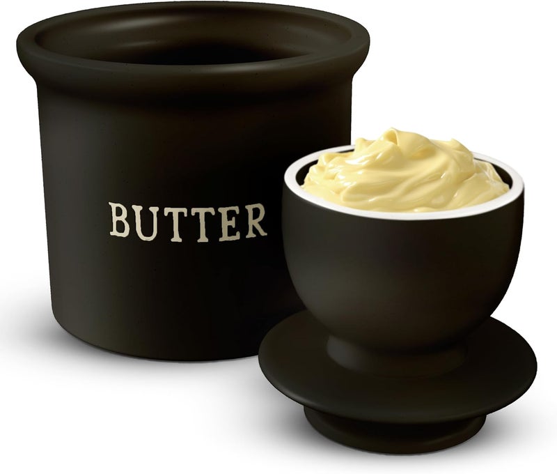 Kook Butter Crock with Lid, Soft Spreadable Butter, Ceramic French Butter Keeper to Leave On Counter with Water Line, Butter Dish, Home and Kitchen Decor, Perfect for Christmas Gift (Black) - Image 2