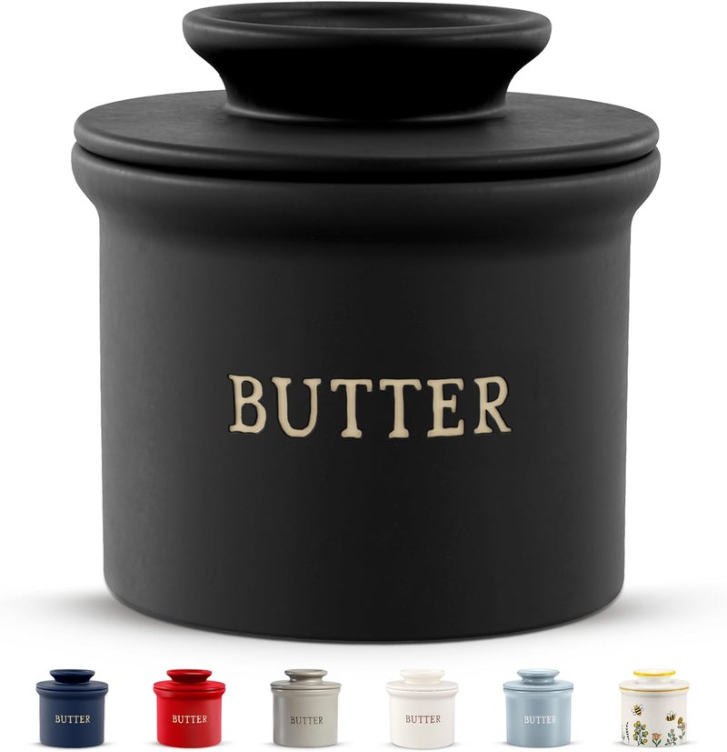 Kook Butter Crock with Lid, Soft Spreadable Butter, Ceramic French Butter Keeper to Leave On Counter with Water Line, Butter Dish, Home and Kitchen Decor, Perfect for Christmas Gift (Black) - Image 1