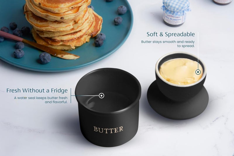 Kook Butter Crock with Lid, Soft Spreadable Butter, Ceramic French Butter Keeper to Leave On Counter with Water Line, Butter Dish, Home and Kitchen Decor, Perfect for Christmas Gift (Black) - Image 3