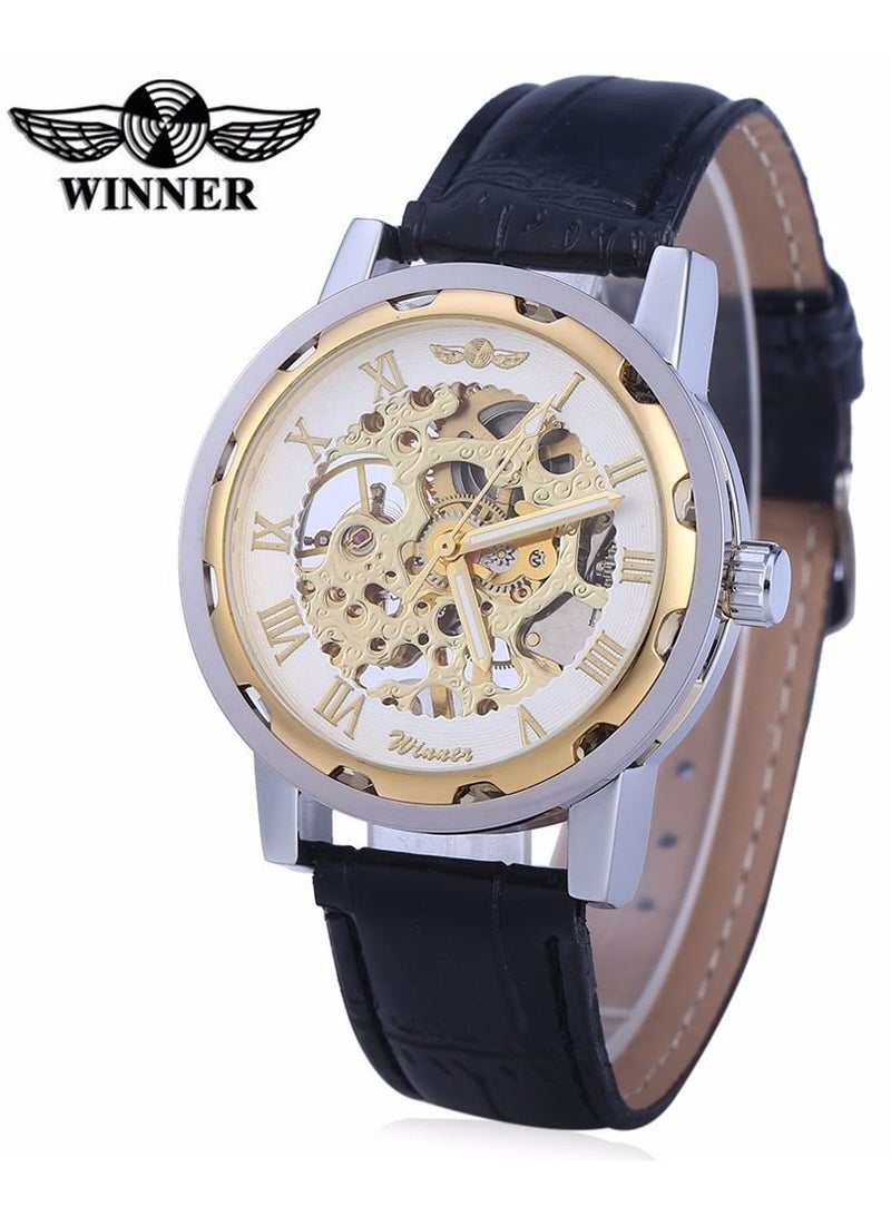 Winner Men's Watch, Mechanical Skeleton Hand-Wind Steampunk Bling Watch for Men Women, Roman Numeral PU Leather Silver Rose-Gold Case Unisex Wrist Watch