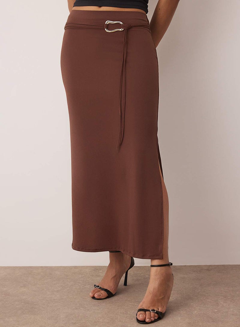 trendyol Brown Belt Detailed Slit Maxi Knitted Skirt - Image 3