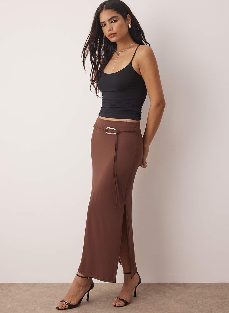 trendyol Brown Belt Detailed Slit Maxi Knitted Skirt - Image 2