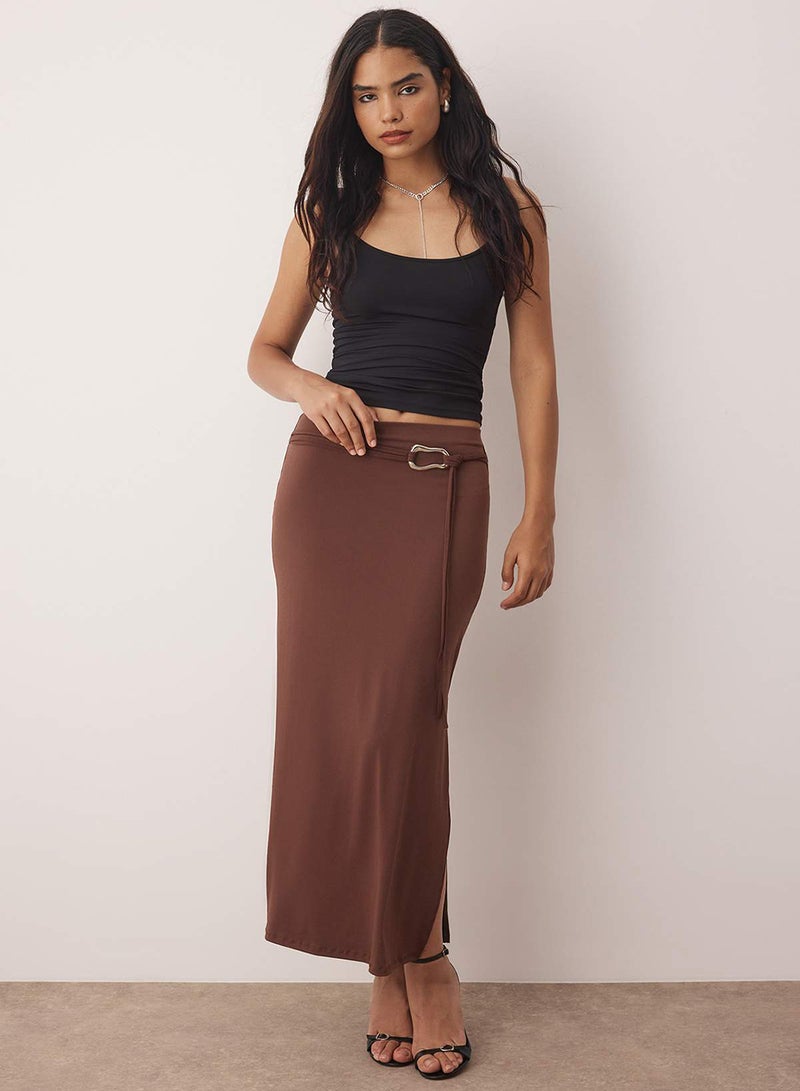 trendyol Brown Belt Detailed Slit Maxi Knitted Skirt - Image 1