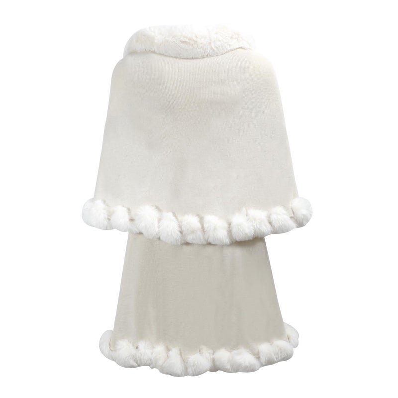ZLYC Women Fine Knit Open Front Faux Fur Trim Layers Poncho Cape Cardigan Sweater (Plain White) - Image 5