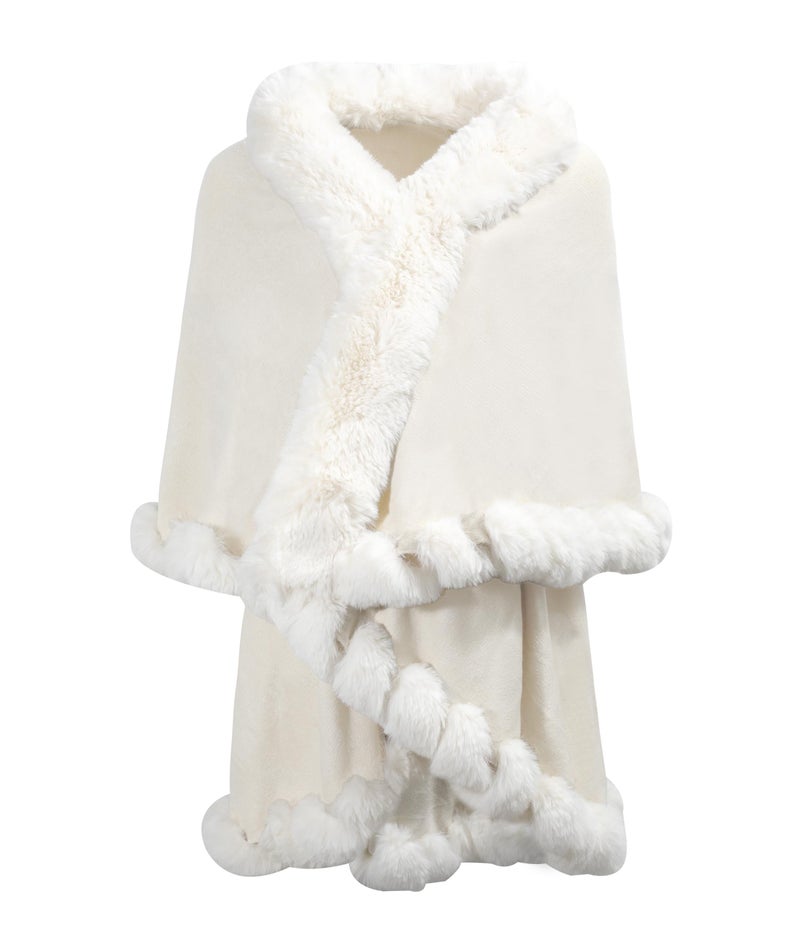 ZLYC Women Fine Knit Open Front Faux Fur Trim Layers Poncho Cape Cardigan Sweater (Plain White) - Image 1