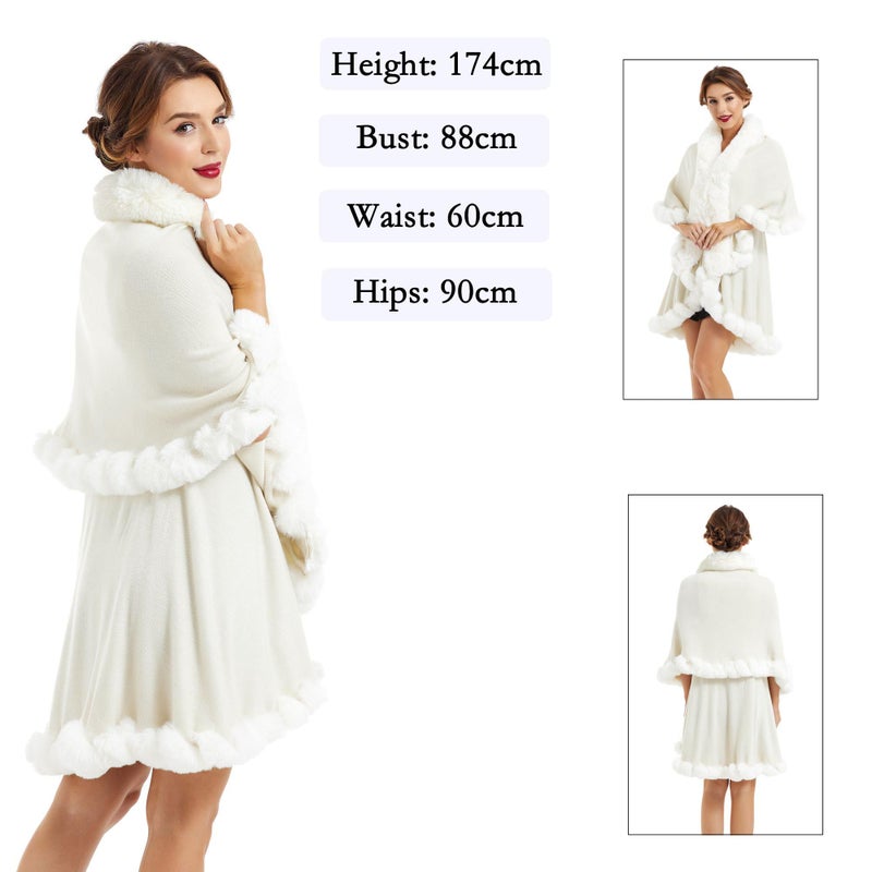 ZLYC Women Fine Knit Open Front Faux Fur Trim Layers Poncho Cape Cardigan Sweater (Plain White) - Image 3