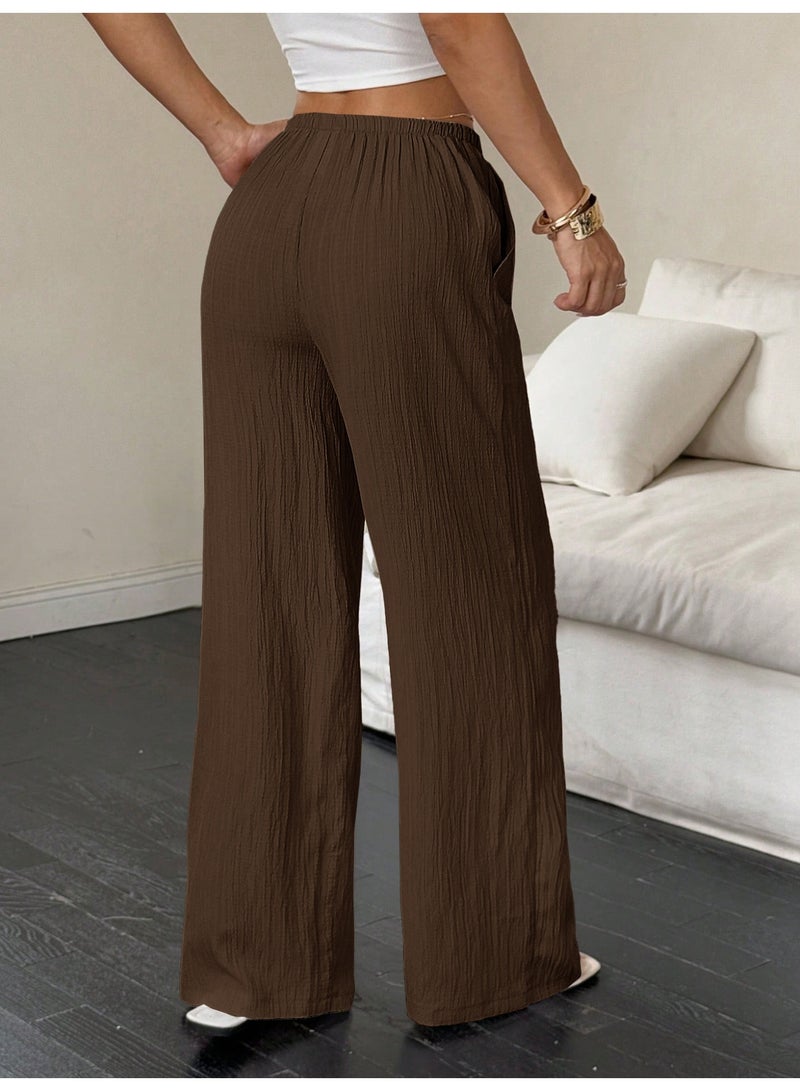 general 2025-2026 Women's casual solid-textured fabric knotted waist slant pocket wide-leg pants - Image 2