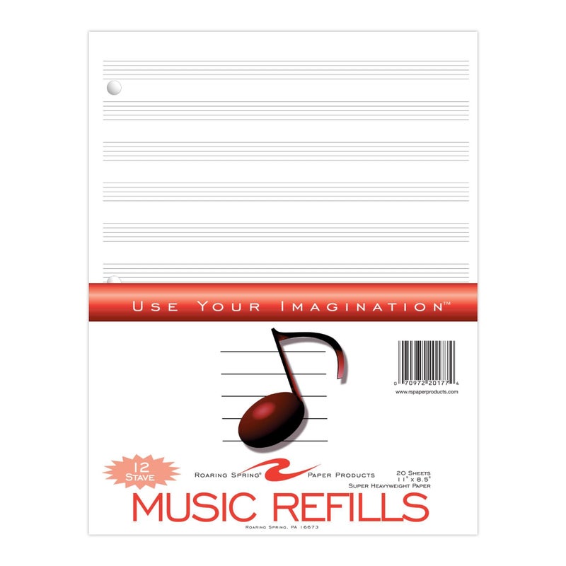 Roaring Spring Loose Leaf Music Filler Paper, 20 Sheets 8.5"x11" with 12 Staves of Music Lines, Heavyweight 24# Smooth White Paper, 3 Hole Punched (Pack of 1) - Image 1