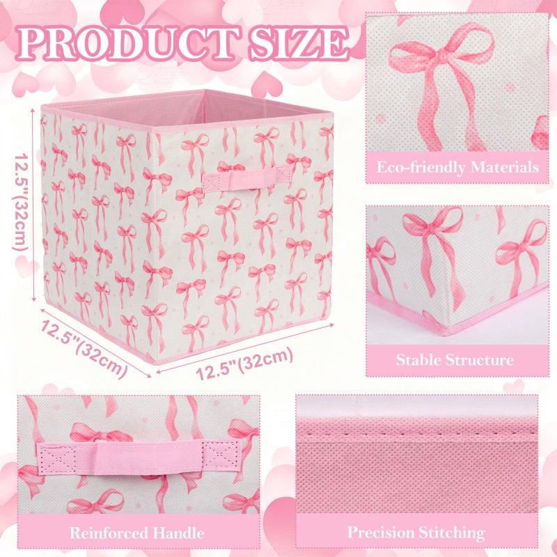 BBSET 6 Pcs Pink Bow Cube Storage Bins 12.5 Inch Pink Storage Basket with Handle, Preppy Girls Organizer Basket, Collapsible Fabric Box for Classroom Bedrooms Office Home Decoration (Bow) - Image 2