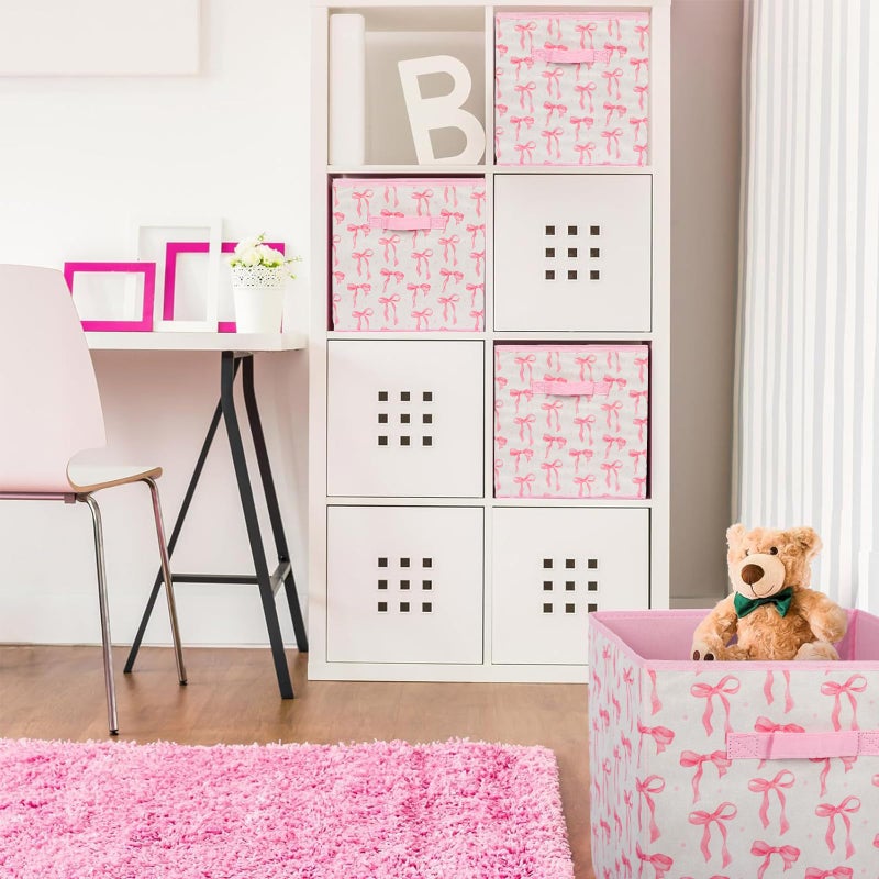 BBSET 6 Pcs Pink Bow Cube Storage Bins 12.5 Inch Pink Storage Basket with Handle, Preppy Girls Organizer Basket, Collapsible Fabric Box for Classroom Bedrooms Office Home Decoration (Bow) - Image 4