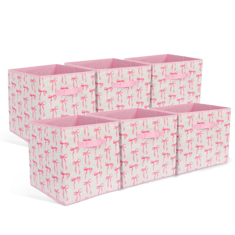 BBSET 6 Pcs Pink Bow Cube Storage Bins 12.5 Inch Pink Storage Basket with Handle, Preppy Girls Organizer Basket, Collapsible Fabric Box for Classroom Bedrooms Office Home Decoration (Bow) - Image 1