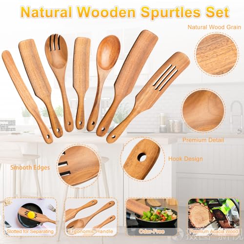 ICSTI Spurtles Kitchen Tools Wooden, 7Pcs Wooden Spoons for Cooking, Natural Premium Spatula Set, Heat Resistant Cooking Utensil for Nonstick Cookware, Spurtle for Sourdough Starter - Image 3